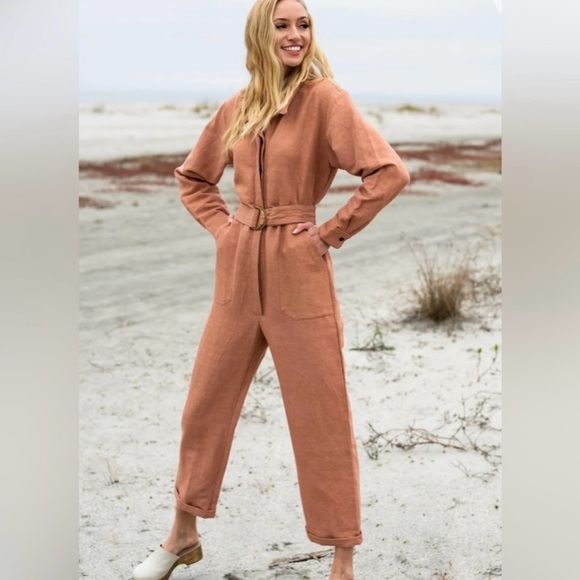 ABLE Charlyn Linen Blend Button Up Jumpsuit in Amber Brown - Picture 1 of 13